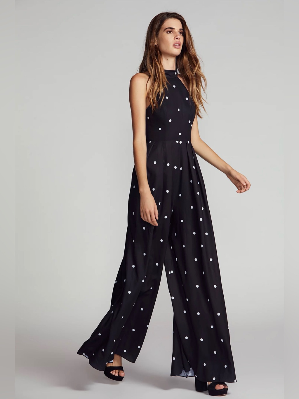 Free People X Fame & Partners Polka Dot Halter Jumpsuit Black White Wide Leg 12